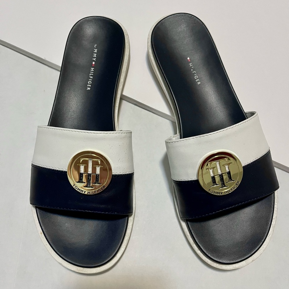Tommy Hilfiger Navy and White Slides with Gold Logo Size 7